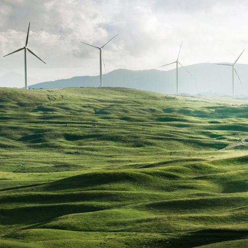 Un parque eólico con colinas verdes para representar la energía limpia y la sostenibilidad en las empresas.